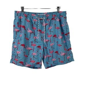Maamgic Flamingo Swim Shorts Lined Above Knee Drawstring Pocket Pink Blue Mens L